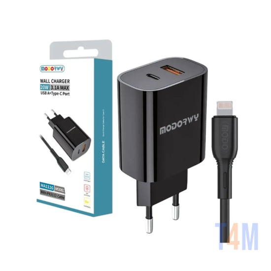 Modorwy PD Wall Charger MA1116 USB 2.0+Type-C with Lightning cable 5V 3.1A Black